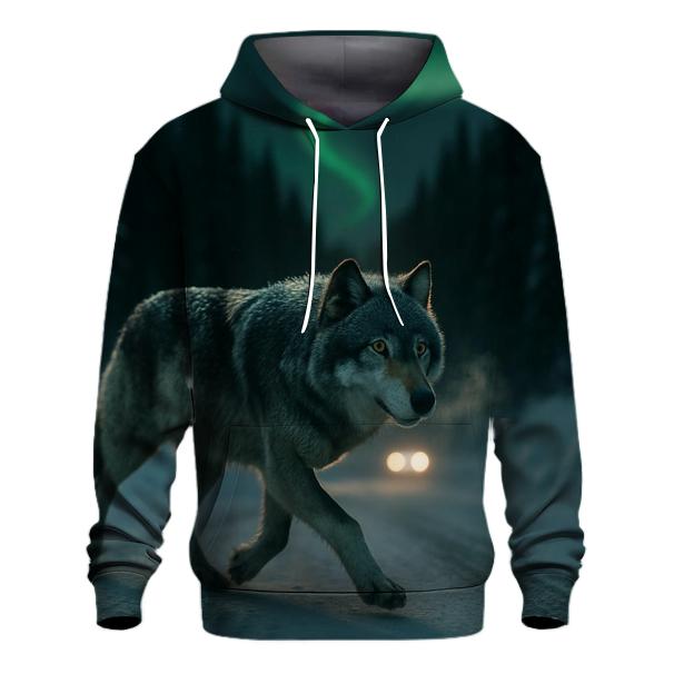 Wolf Crossing Under The Northern Lights Along A Winter Road Cutline heavyweight hoodies