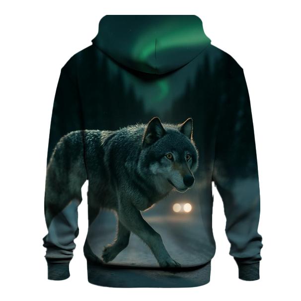Wolf Crossing Under The Northern Lights Along A Winter Road Cutline heavyweight hoodies