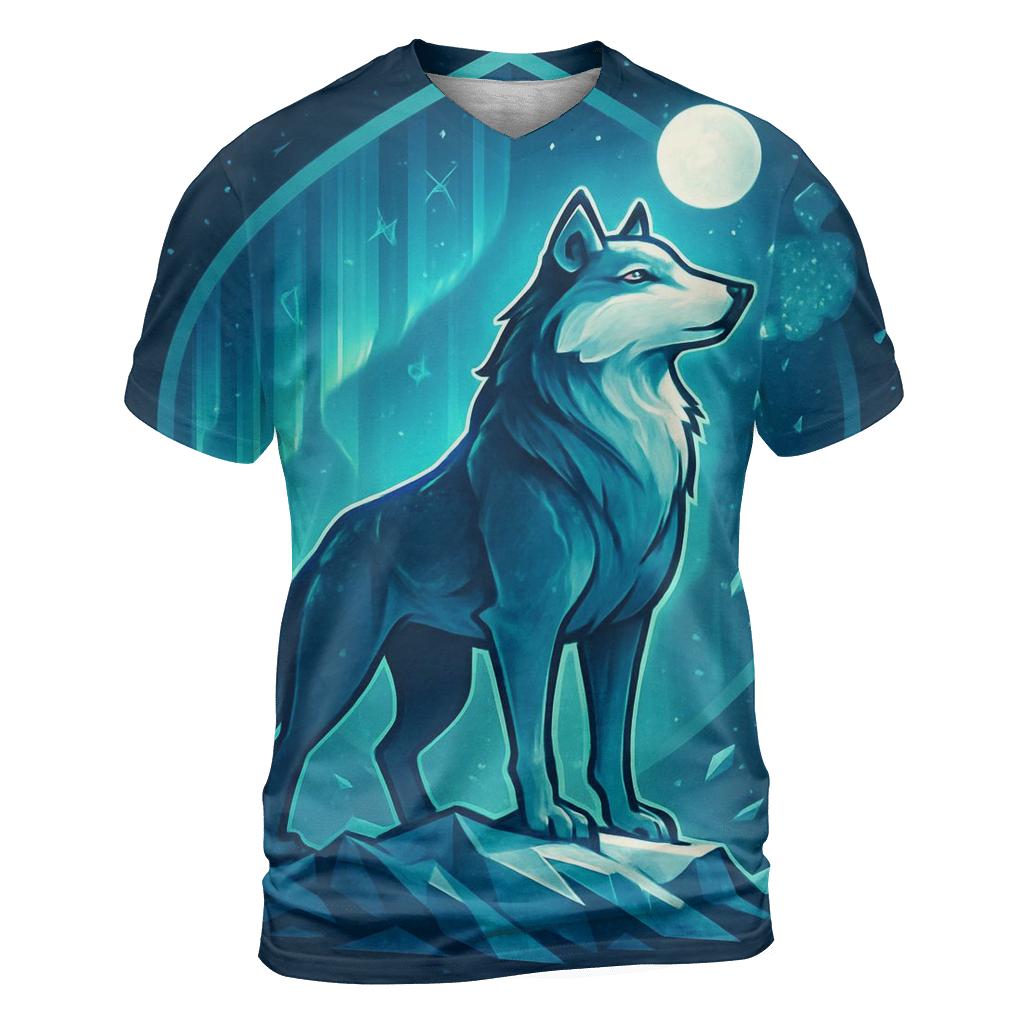 Aurora Frost Sentinel Wolf vibrant all-over design tees