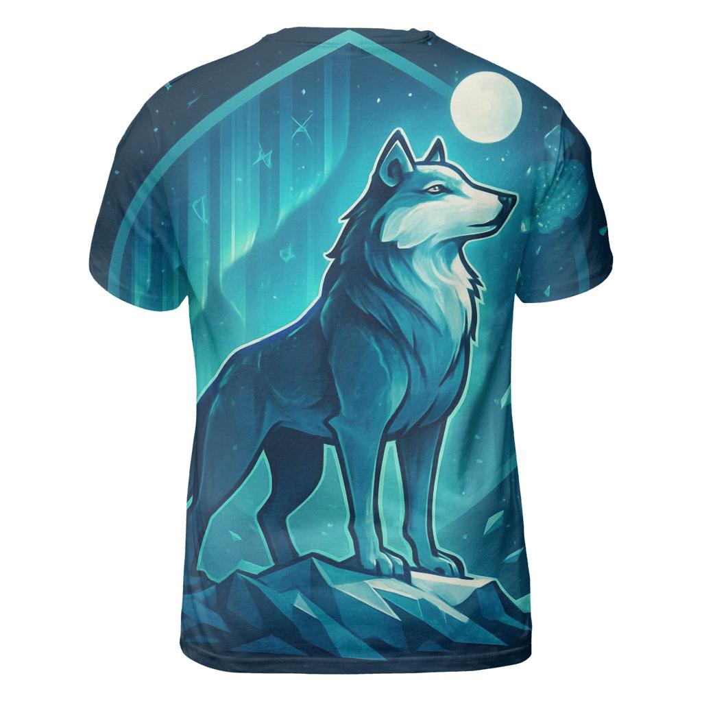 Aurora Frost Sentinel Wolf vibrant all-over design tees