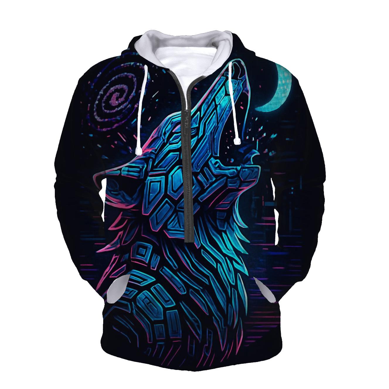 Neon Circuit Howl Wolf Totem premium hoodies