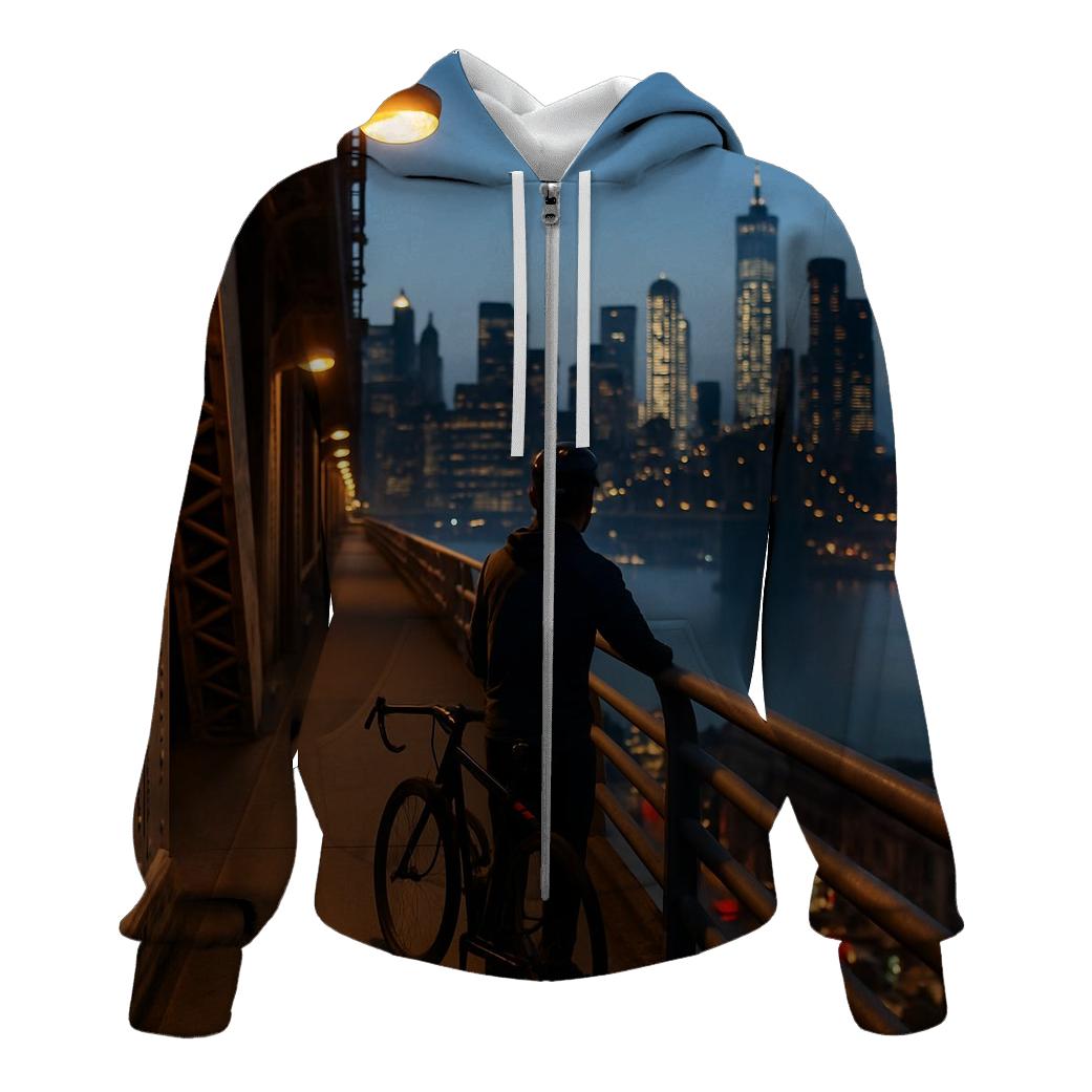 Blue Hour On The Manhattan Bridge Walkway premium hoodies