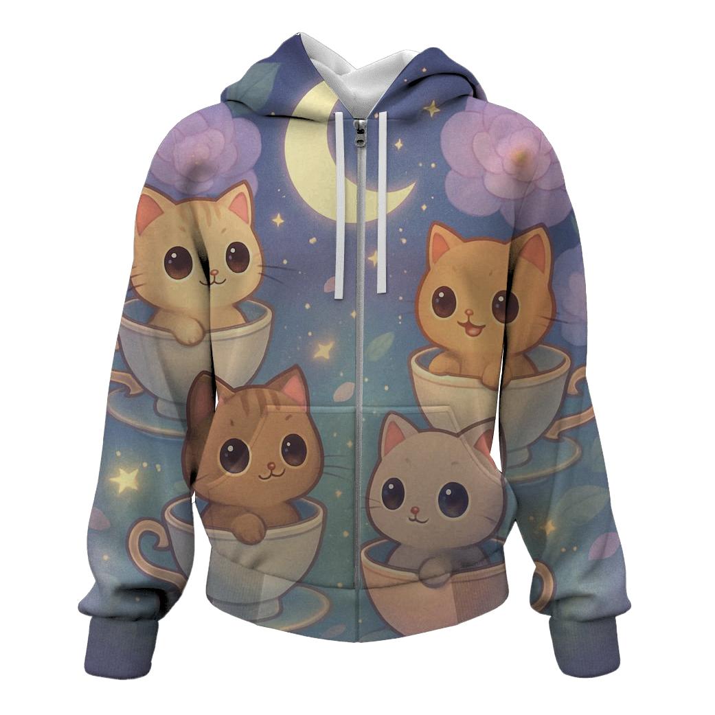 Moonlit Teacup Kitten Carousel zip-up hoodies