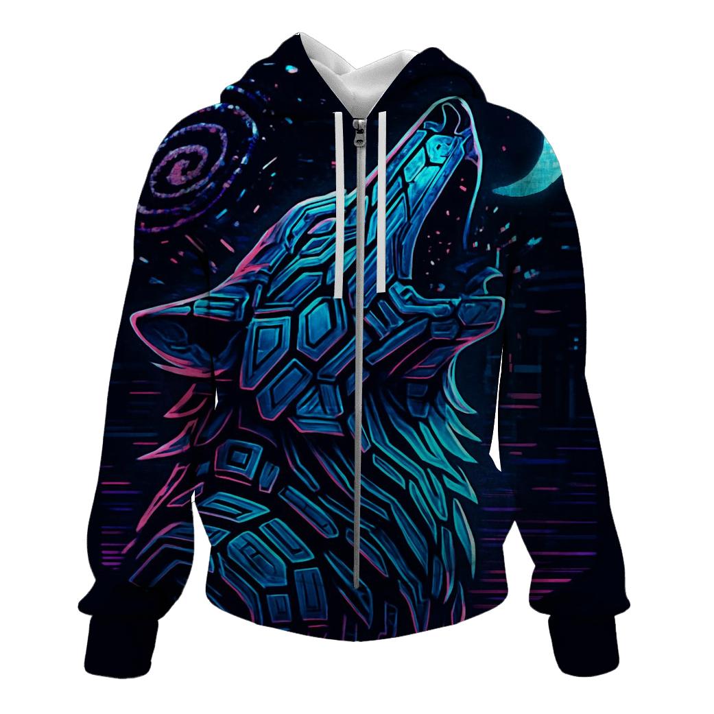 Neon Circuit Howl Wolf Totem embroidered hoodies