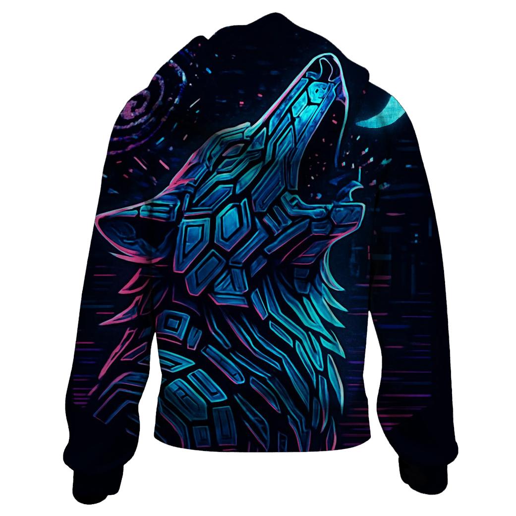 Neon Circuit Howl Wolf Totem embroidered hoodies