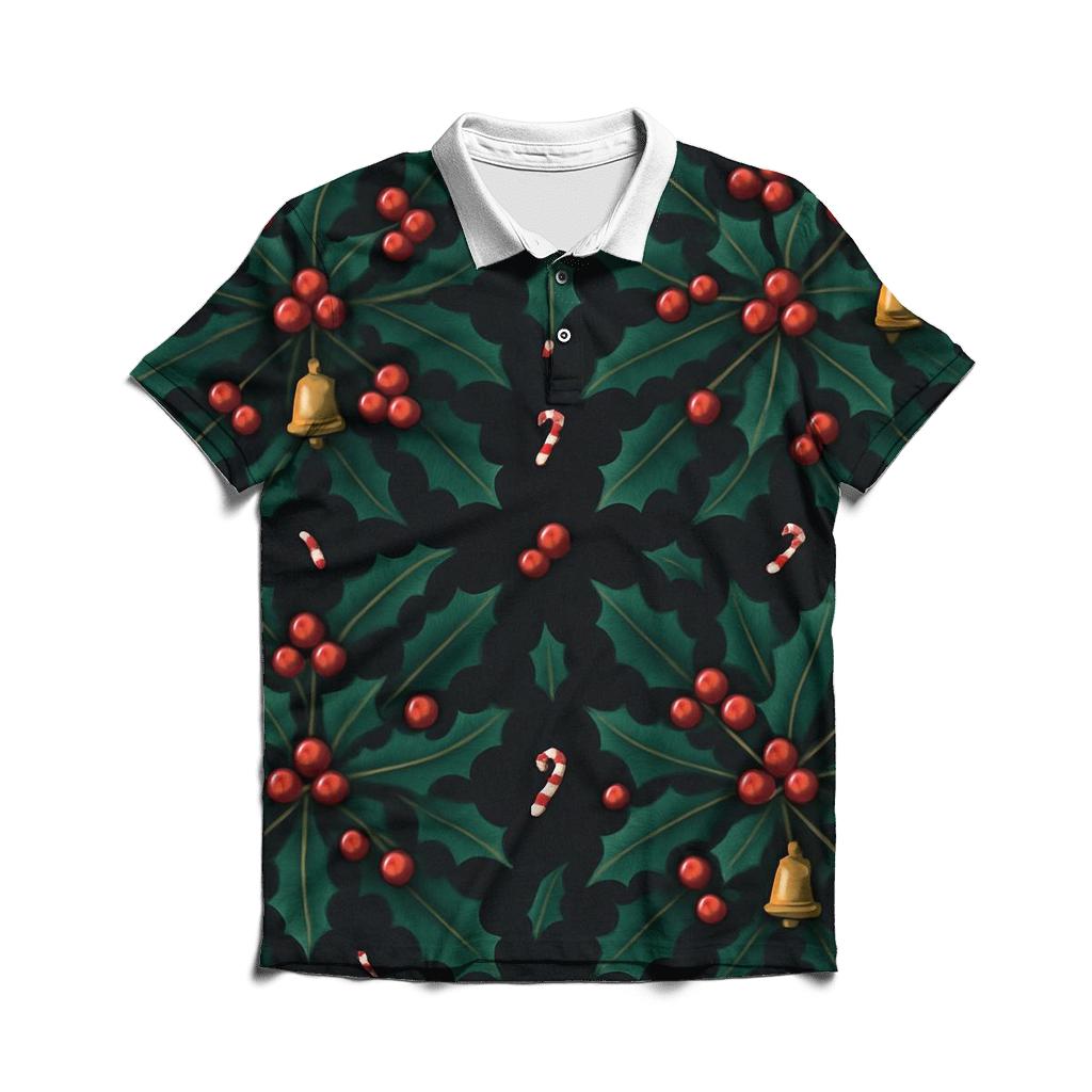 Emerald Holly Star Tessellation On Midnight Black Background casual sports polo shirts