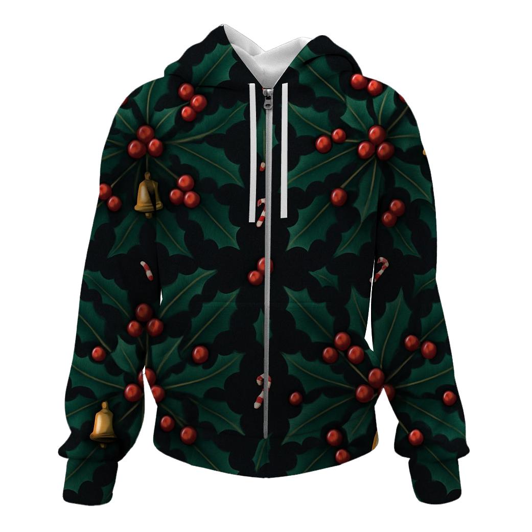 Emerald Holly Star Tessellation On Midnight Black Background zip-up hoodies