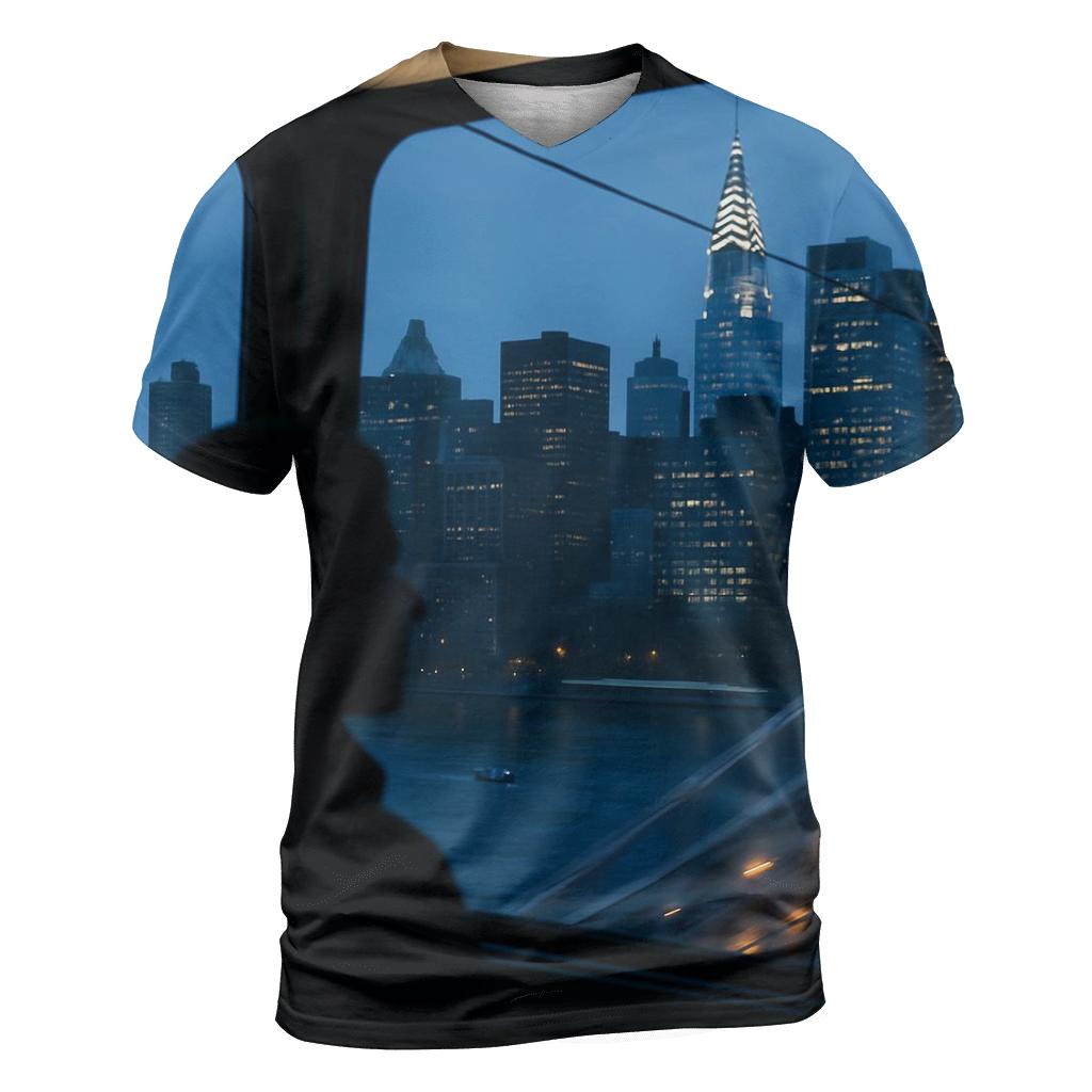 Roosevelt Island Tram Window Panorama At Blue Hour statement graphic shirts