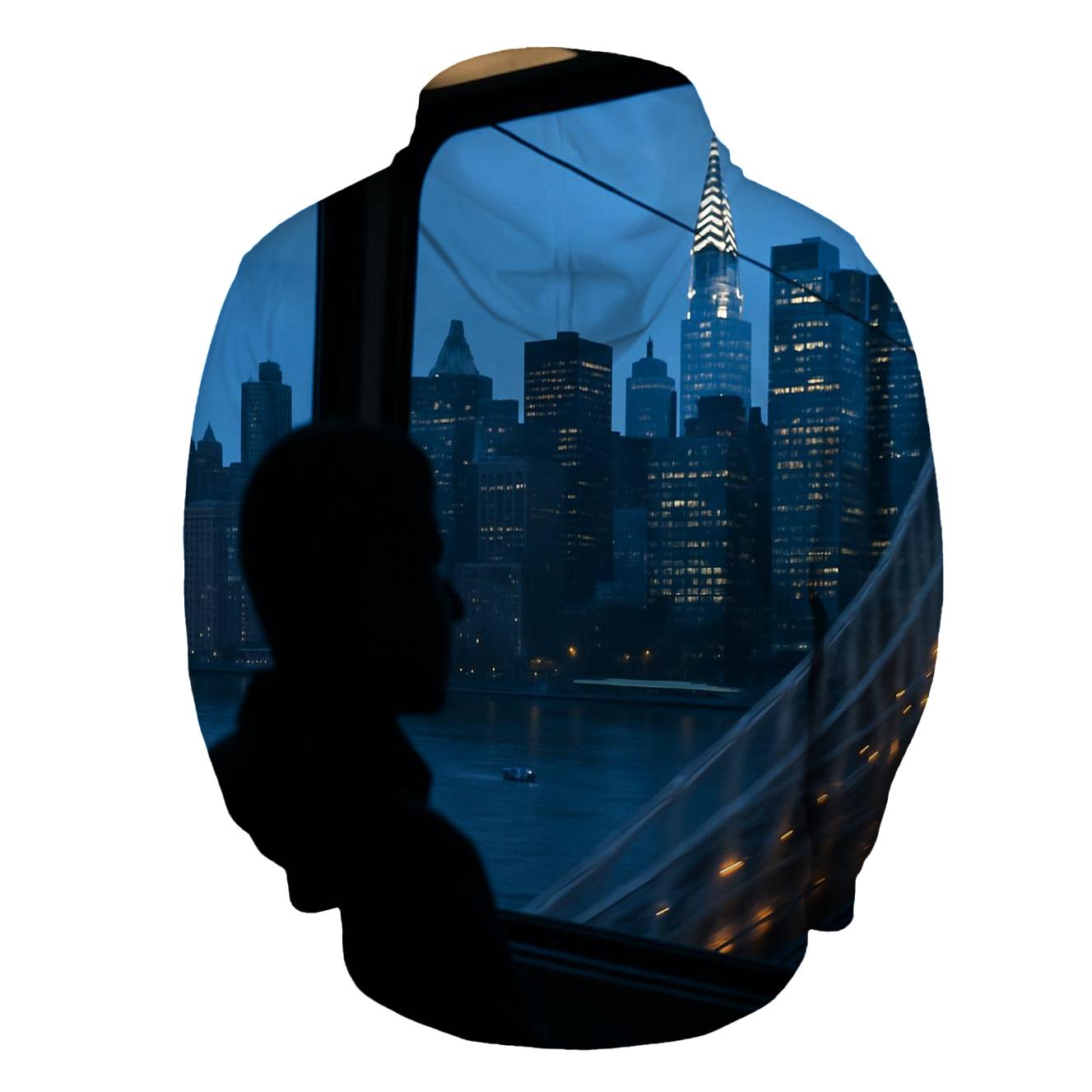Roosevelt Island Tram Window Panorama At Blue Hour embroidered hoodies