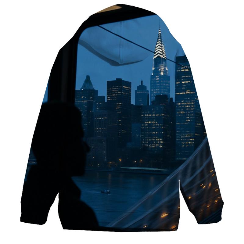 Roosevelt Island Tram Window Panorama At Blue Hour embroidered hoodies