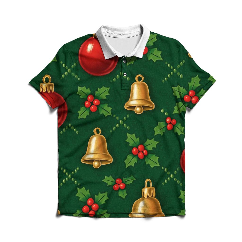 Crimson Bauble Lattice On Pine Green Background custom polo shirts