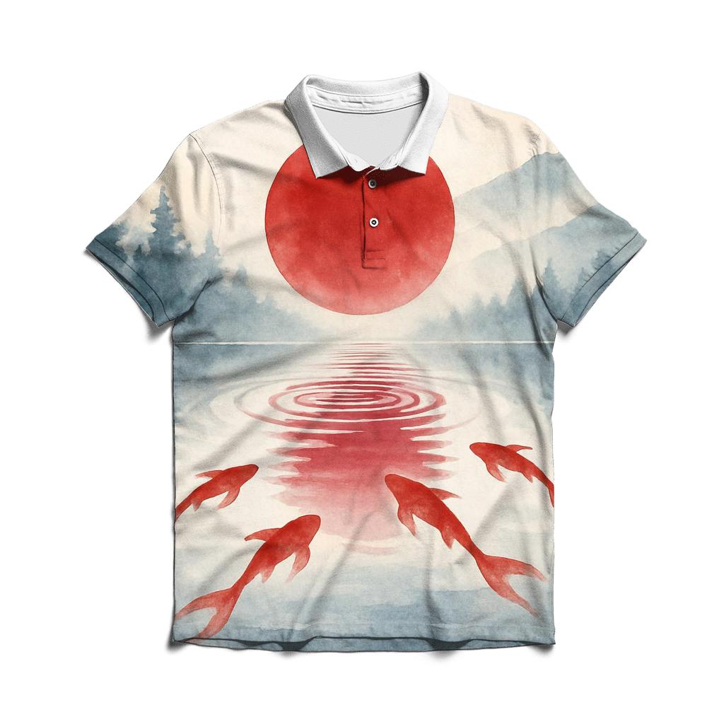 Japan Koi Dawn Reflection embroidered polo tops