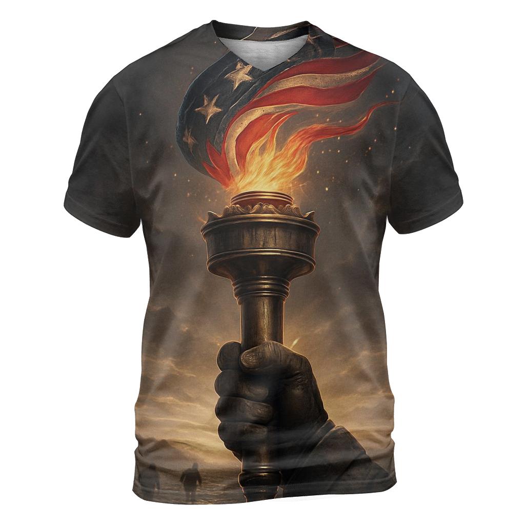 Liberty Torch Over Storm Folded Flag unique graphic print tees