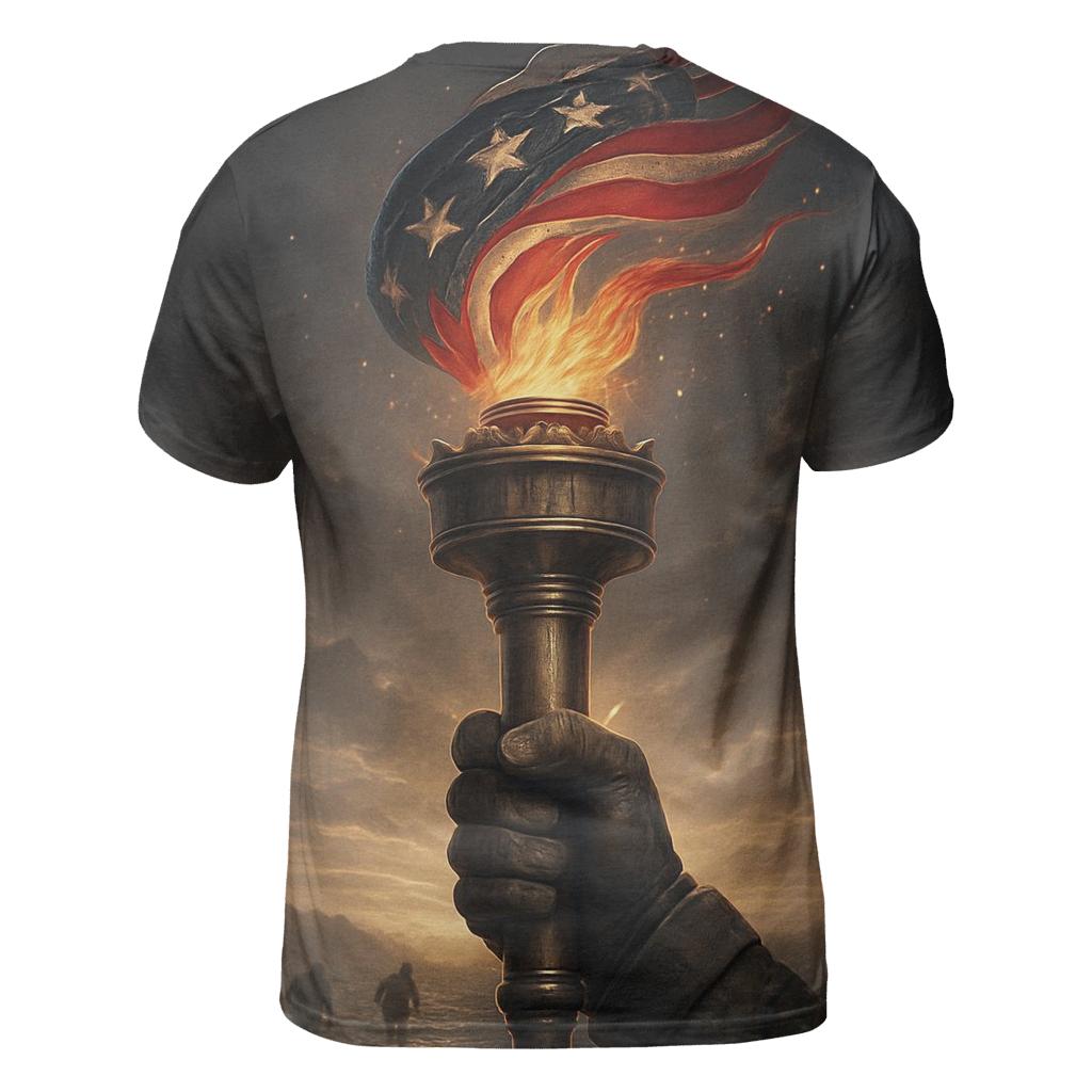 Liberty Torch Over Storm Folded Flag unique graphic print tees