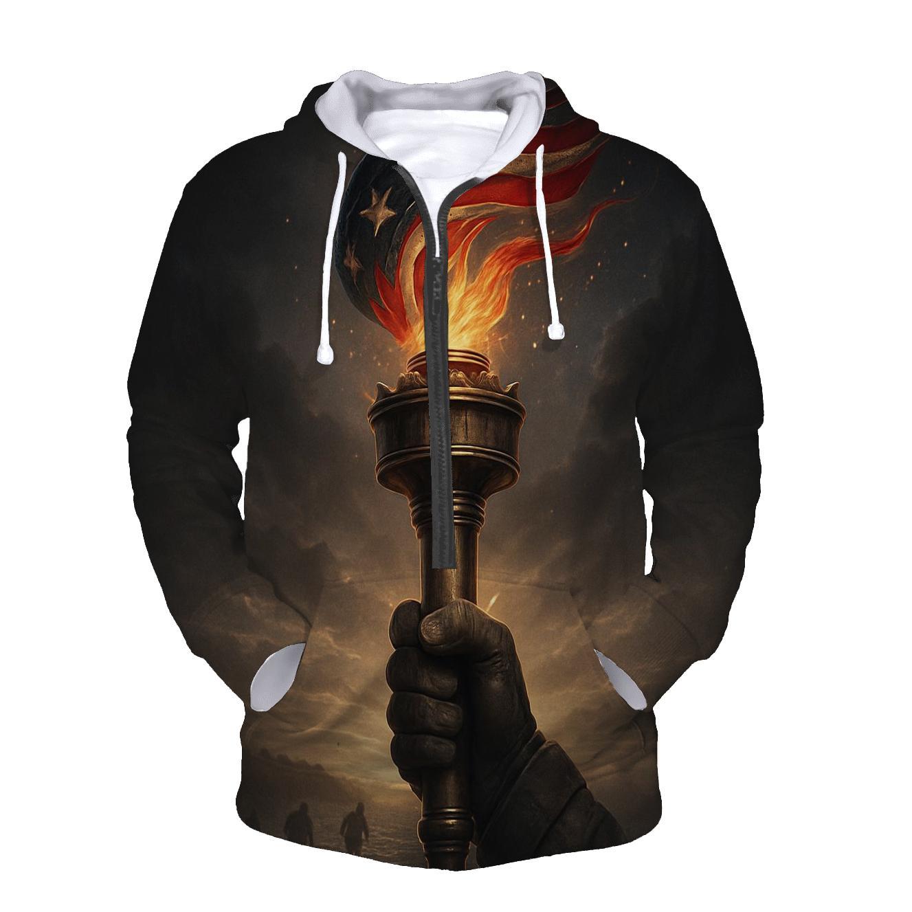 Liberty Torch Over Storm Folded Flag zip-up hoodies