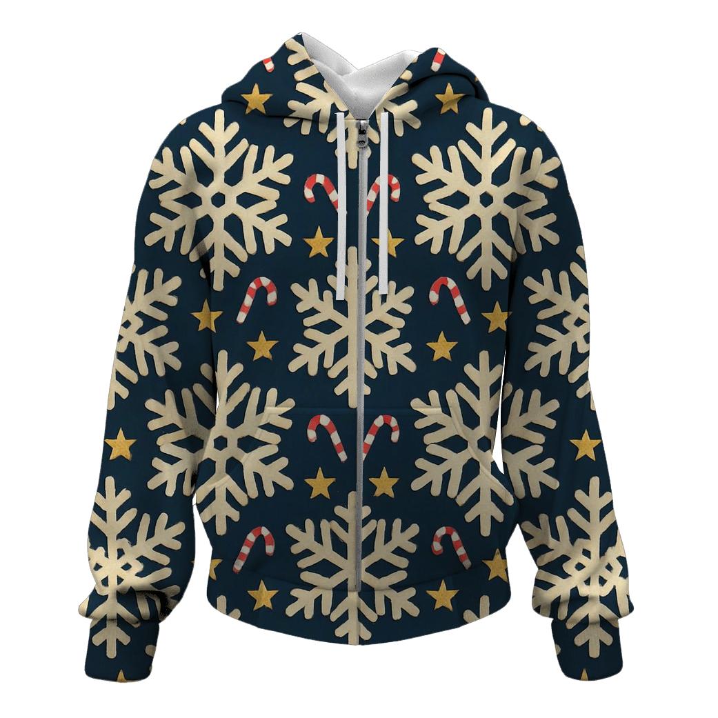 Ivory Snowflake Chevron With Candy Cane Accents On Midnight Navy Background embroidered hoodies