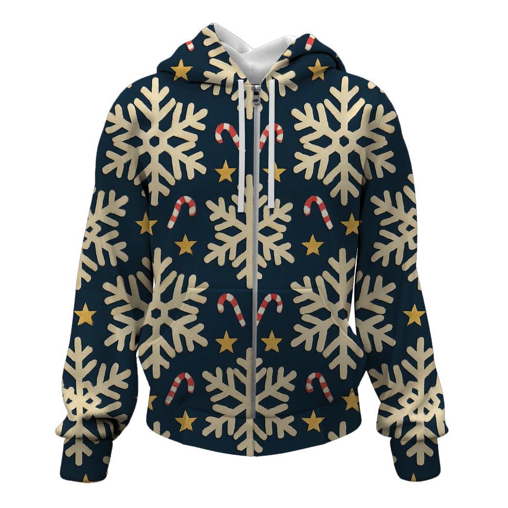 Ivory Snowflake Chevron With Candy Cane Accents On Midnight Navy Background embroidered hoodies