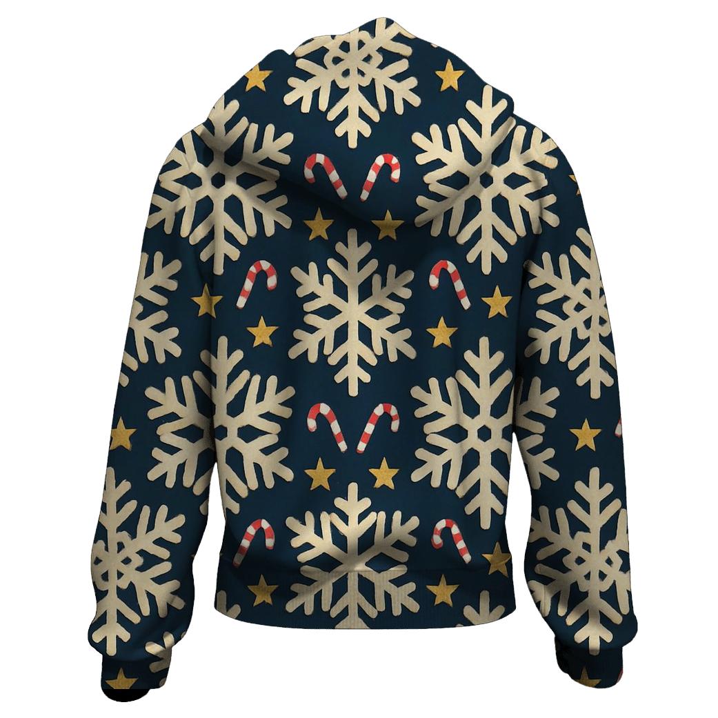 Ivory Snowflake Chevron With Candy Cane Accents On Midnight Navy Background embroidered hoodies