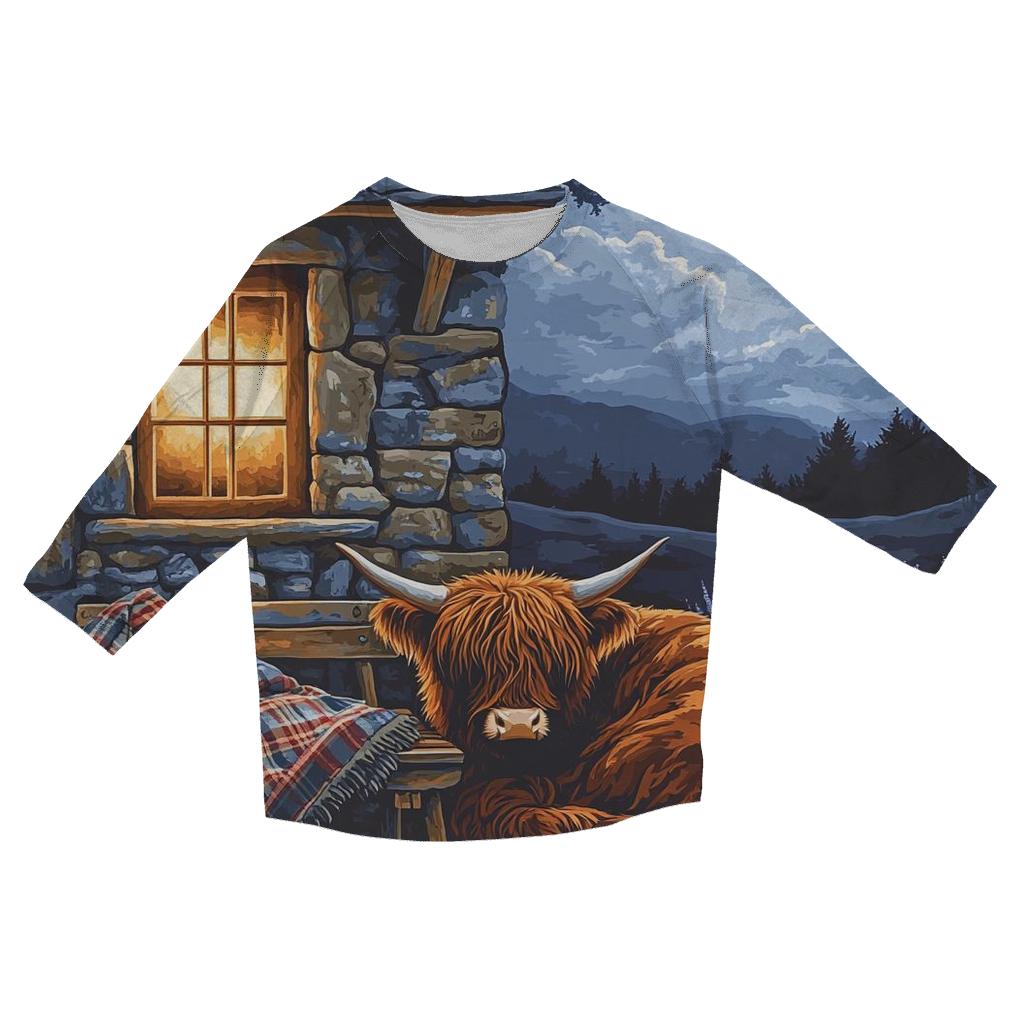 Moonlit Bothy Porch Highland Cow stylish quarter sleeve tops