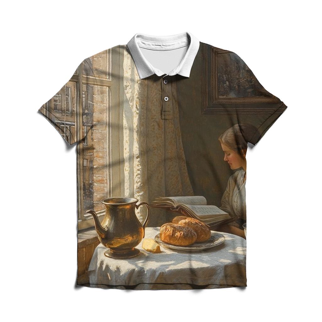 Johannes Vermeer Inspired Quiet Cafe Still Life premium cotton polo shirts
