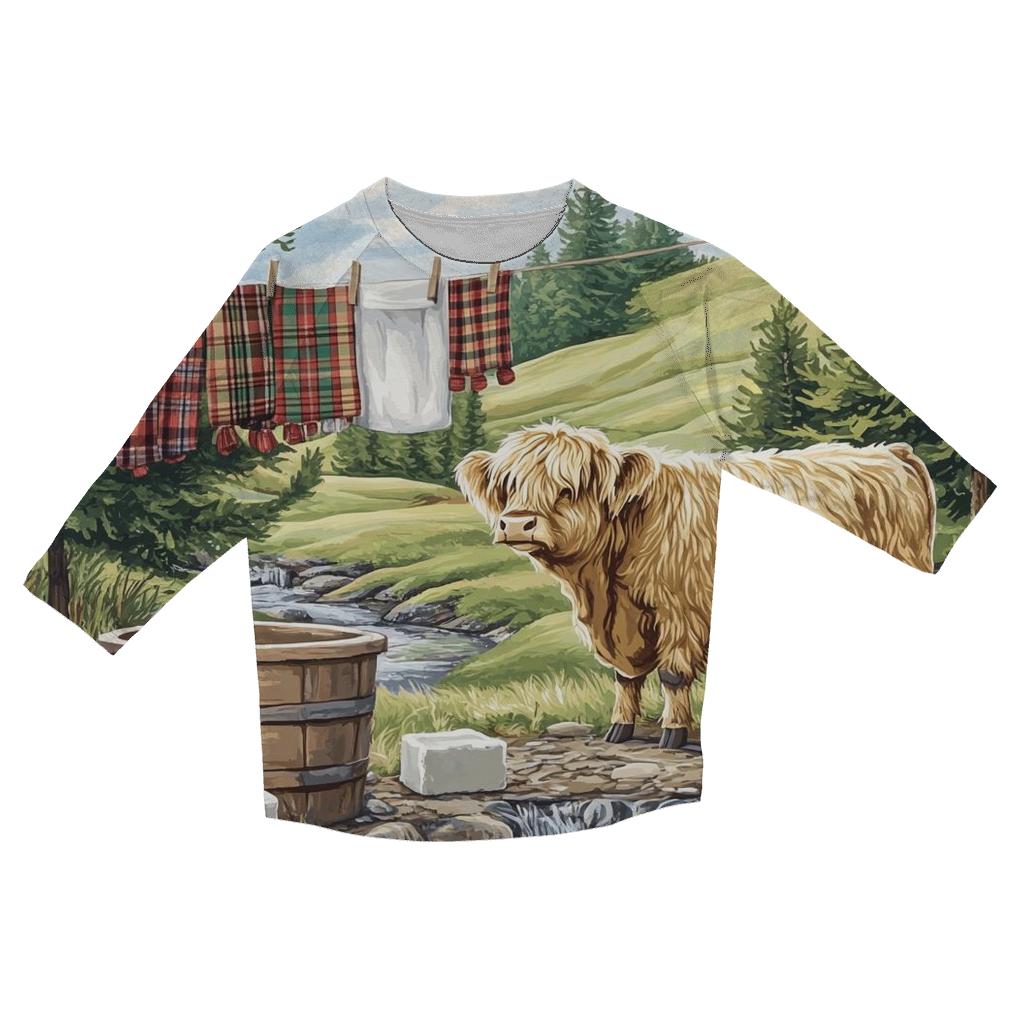 Highland Cow Watercolor Wash Day Line casual three quarter sleeve shirts
