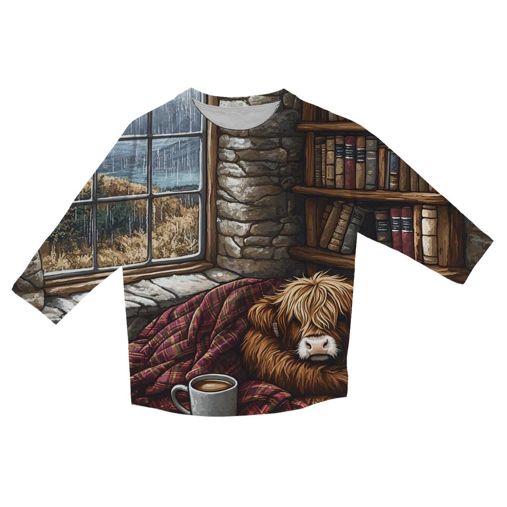 Cozy Book Nook Highland Cow custom 3/4 sleeve shirts