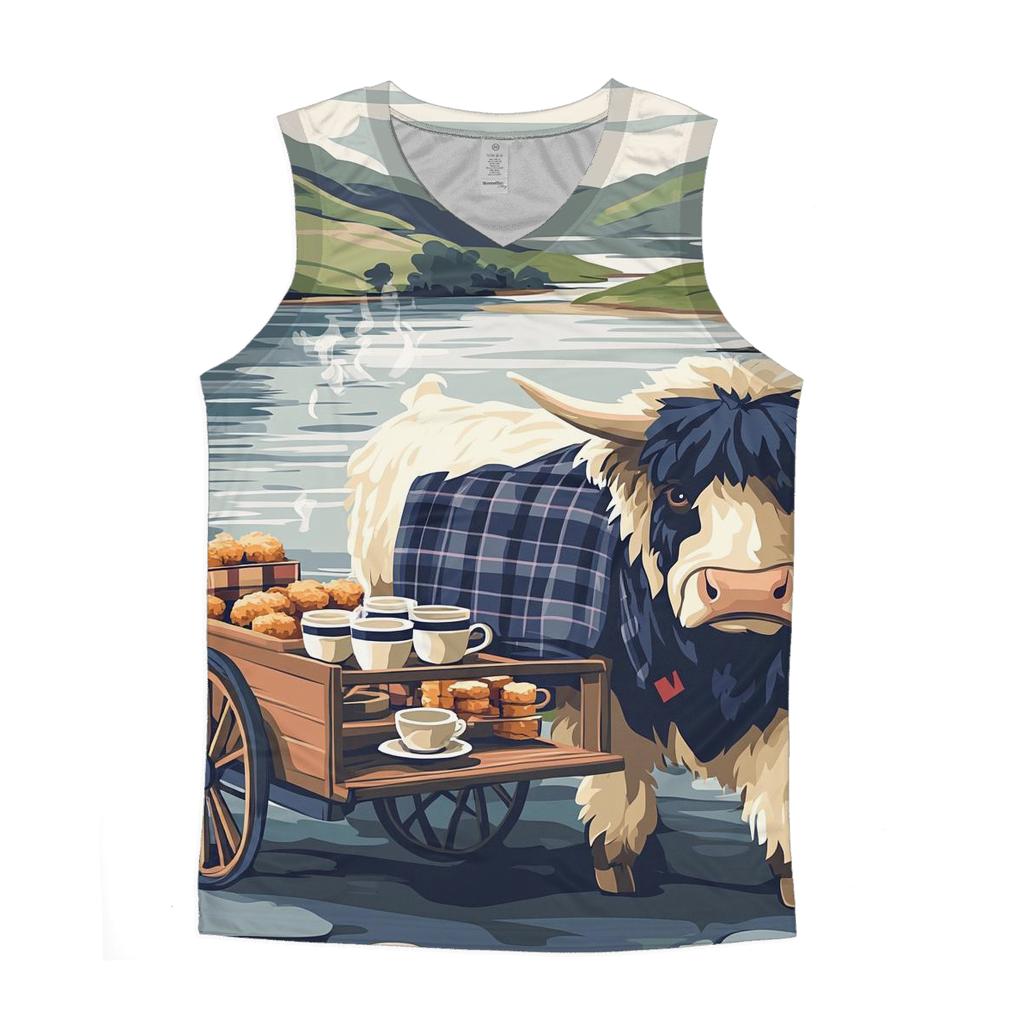 Tea Cart By The Loch With Highland Cow casual summer tank tops