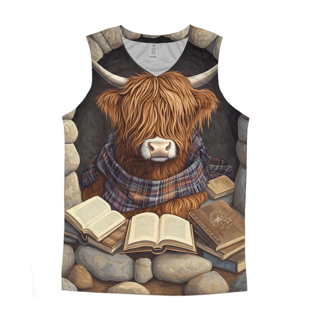 Highland Cow In The Stone Circle Library graphic print tank tops