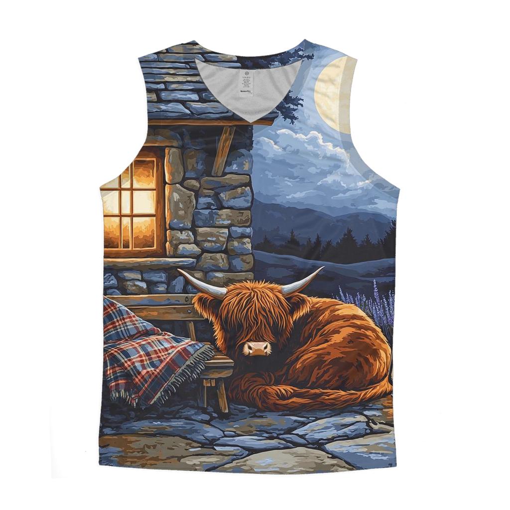 Moonlit Bothy Porch Highland Cow trendy fitted tank tops