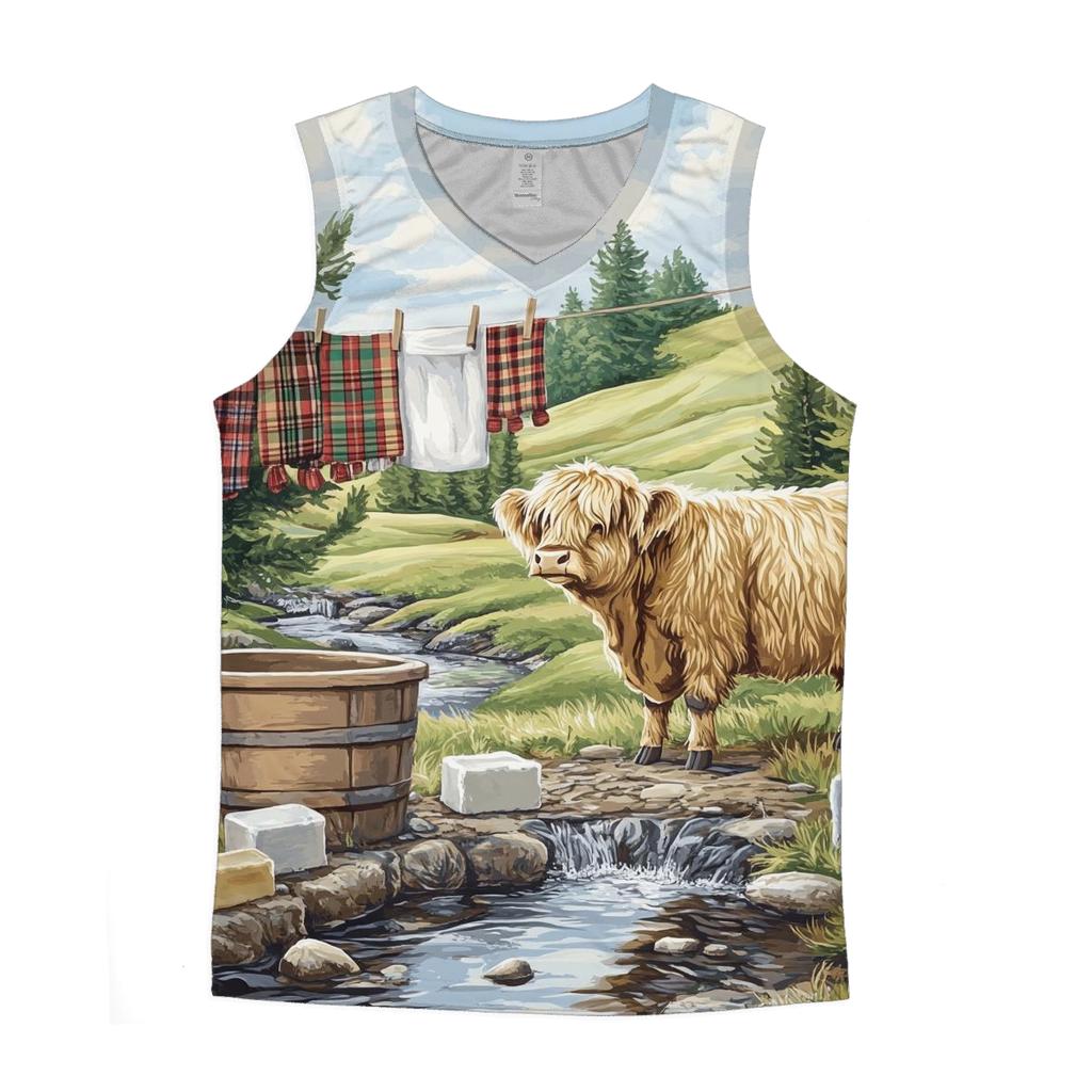 Highland Cow Watercolor Wash Day Line graphic print tank tops