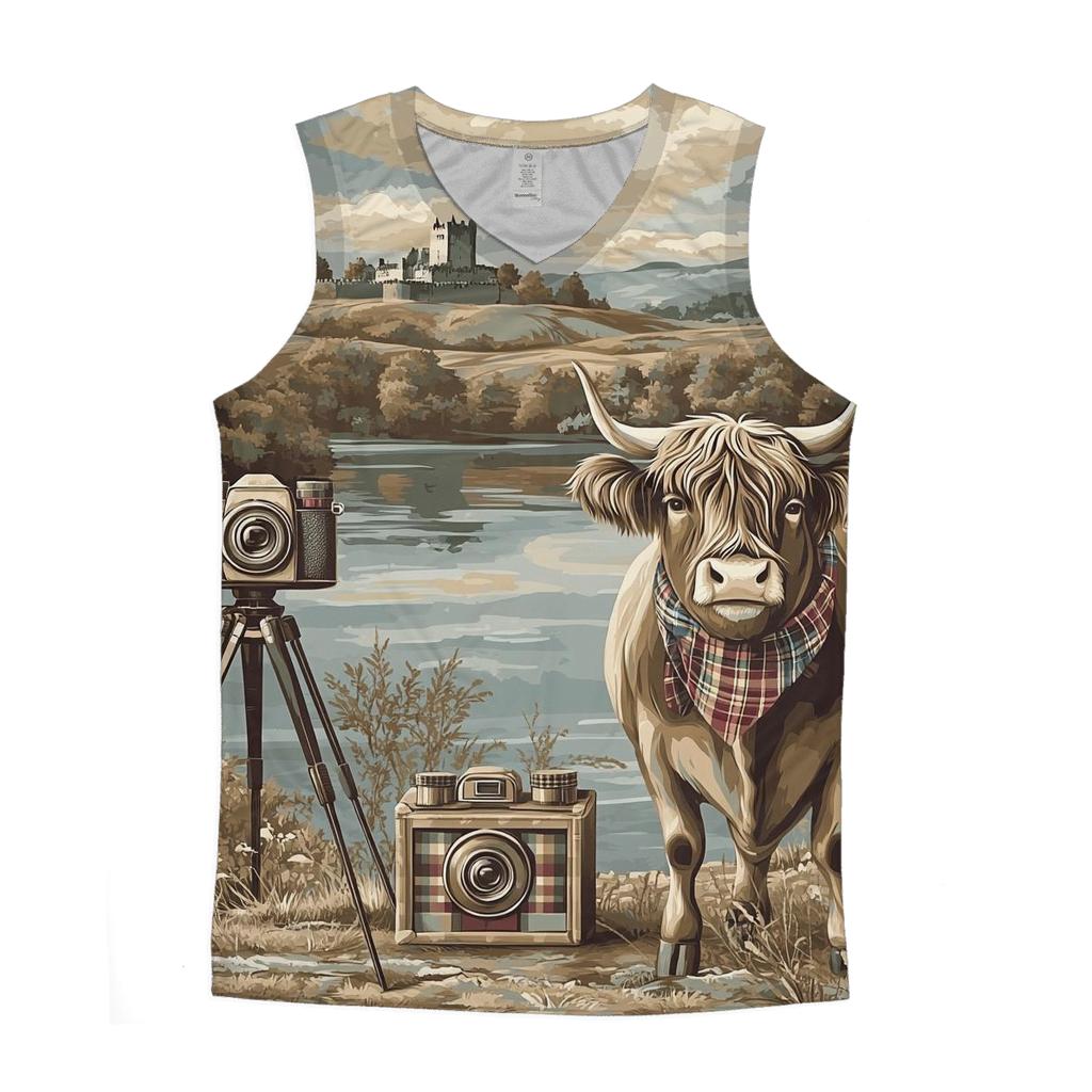 Vintage Camera Portrait Highland Cow sports performance tank tops