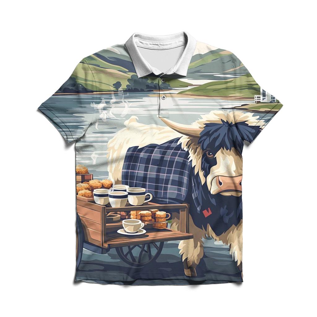 Tea Cart By The Loch With Highland Cow personalized polo shirts