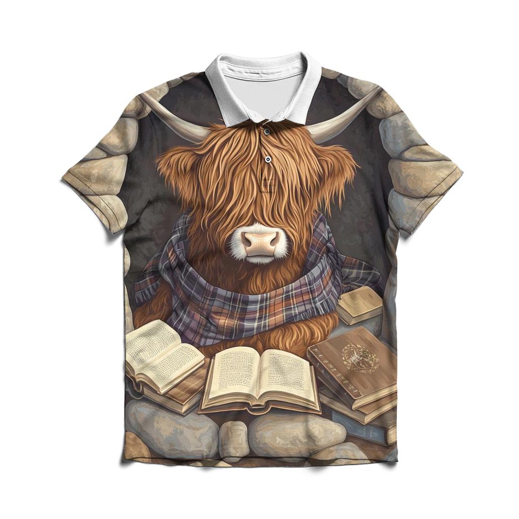 Highland Cow In The Stone Circle Library personalized polo shirts