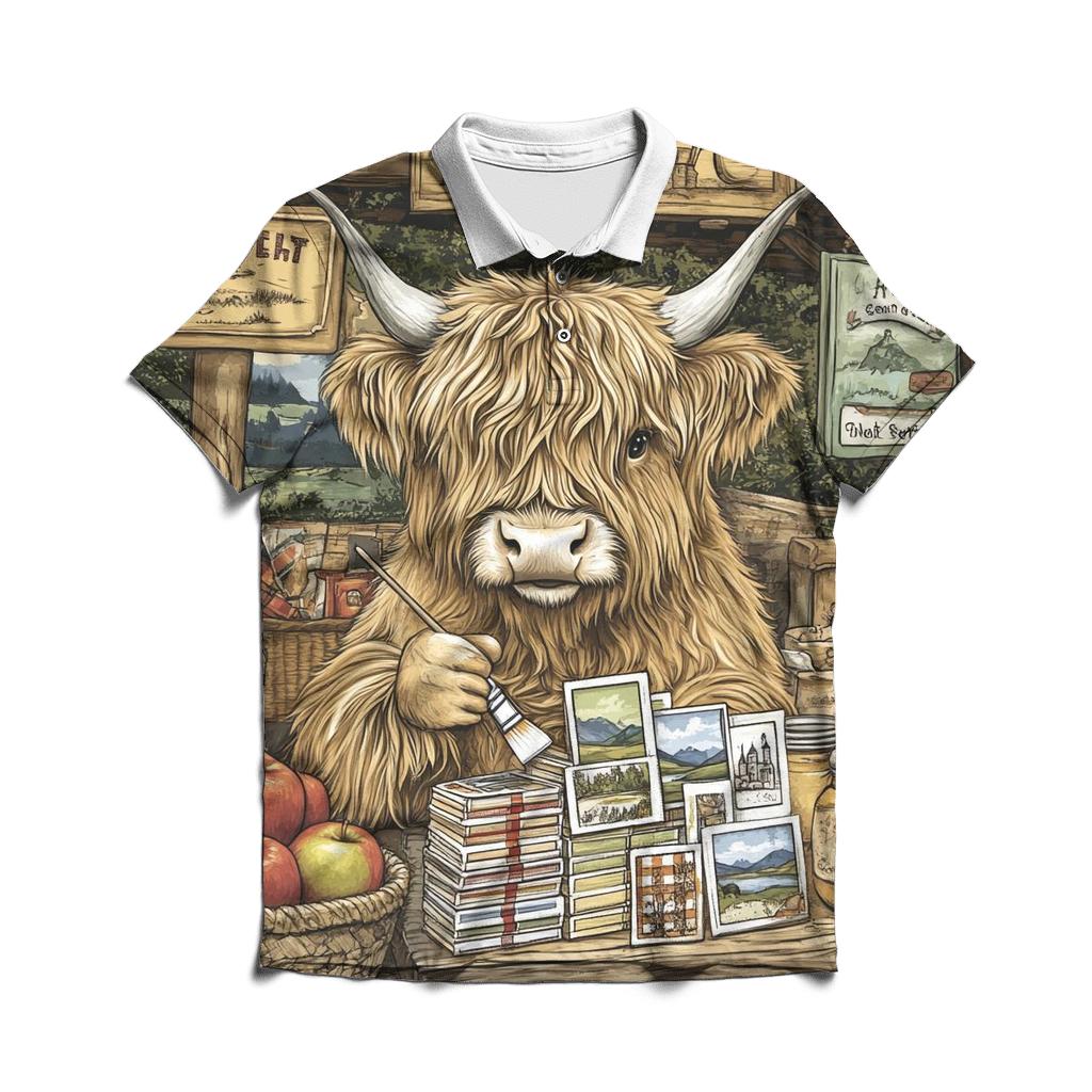 Highland Cow Postcard Painter At The Market classic pique polos