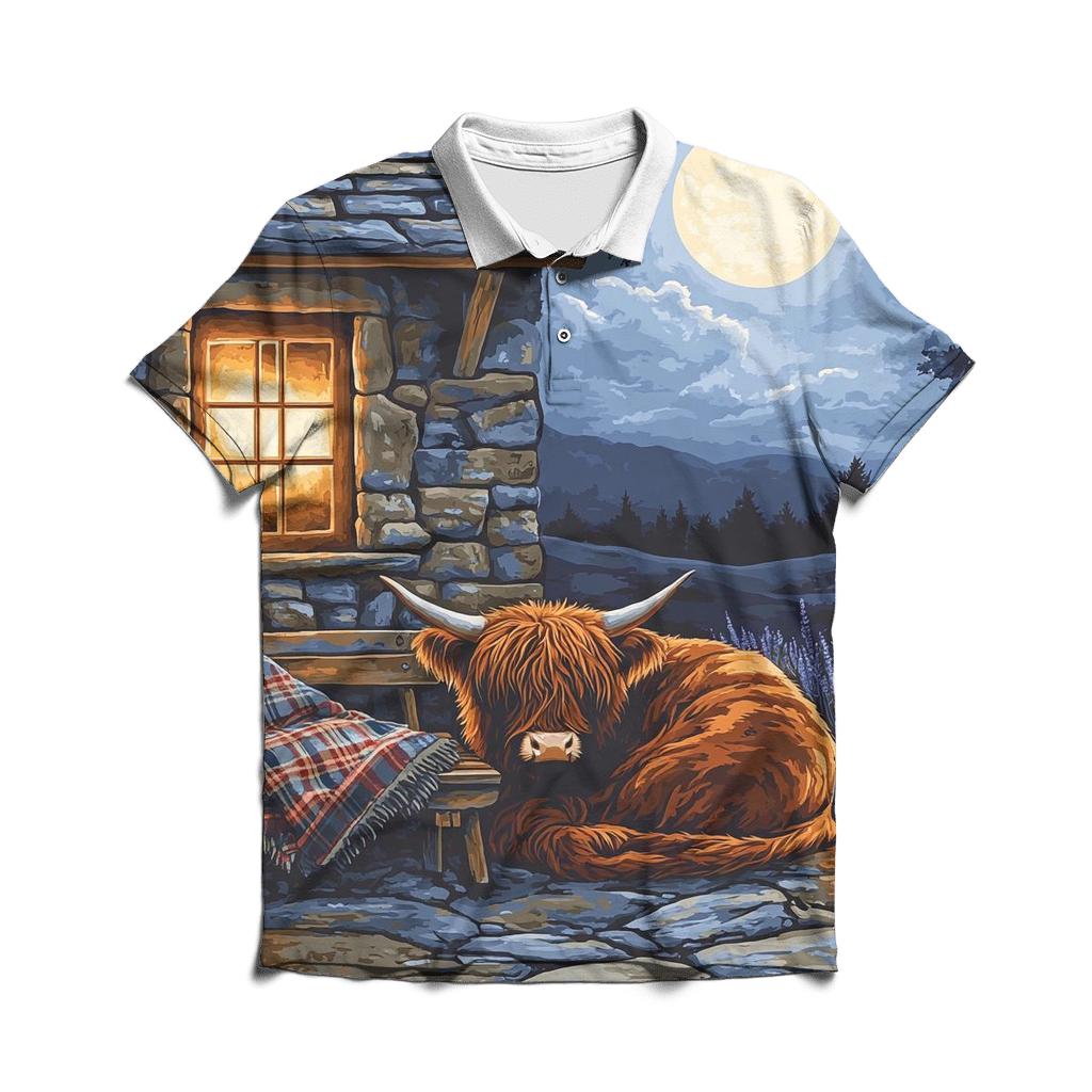 Moonlit Bothy Porch Highland Cow designer slim fit polos