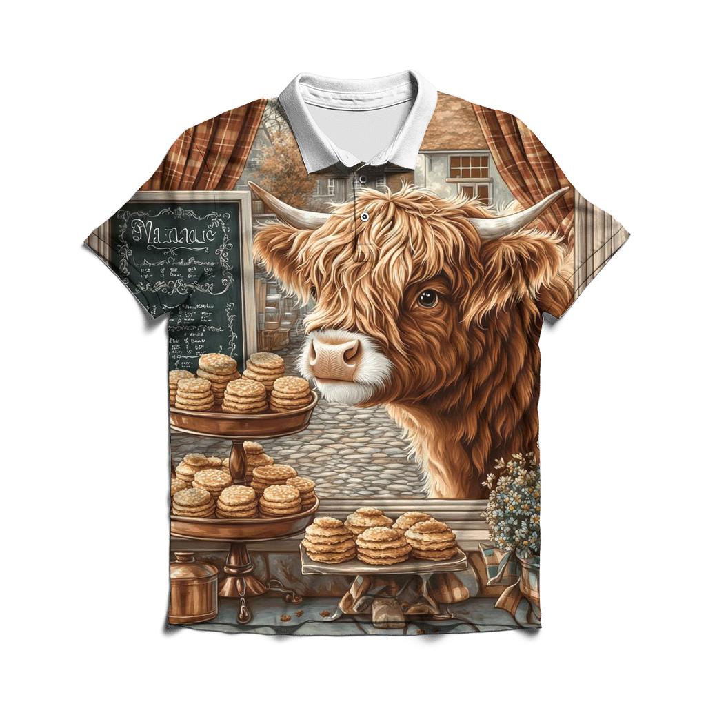 Highland Cow Bakery Window Display premium cotton polo shirts