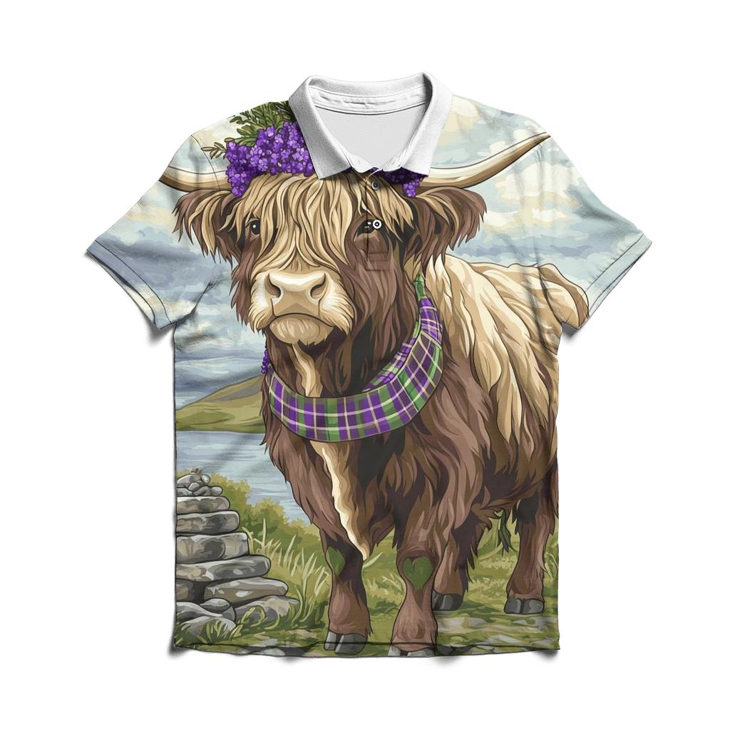 Highland Cow With Heather Crown Ceremony custom polo shirts