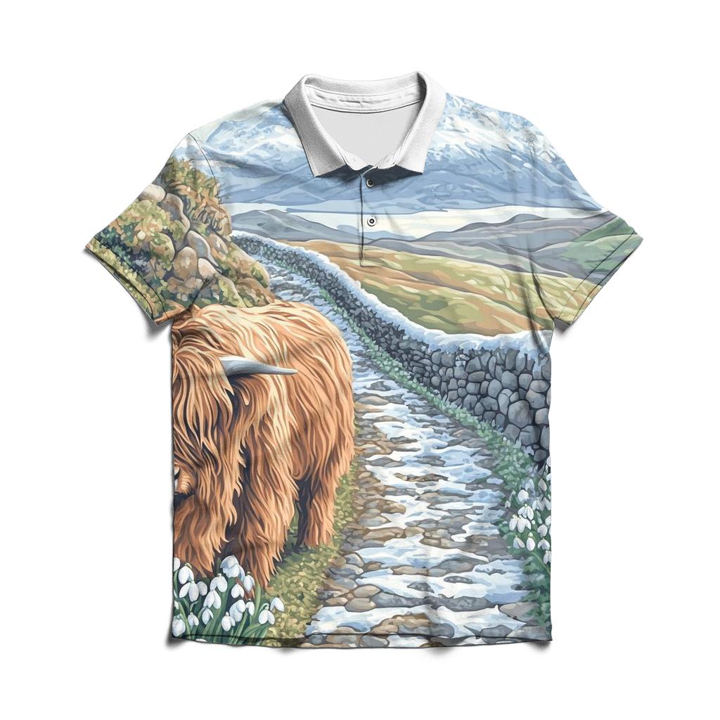 Highland Cow Snowdrop Path Guardian stylish collar polo tees