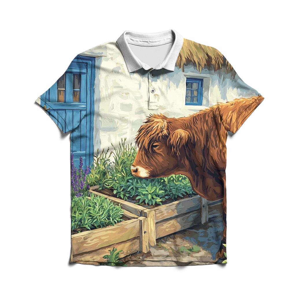 Highland Cow Herb Garden At The Croft premium cotton polo shirts