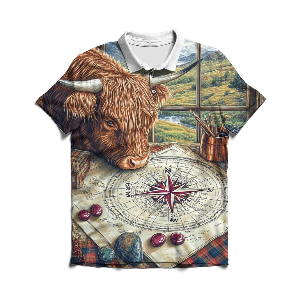Highland Cow Compass Rose Mapmaker stylish collar polo tees