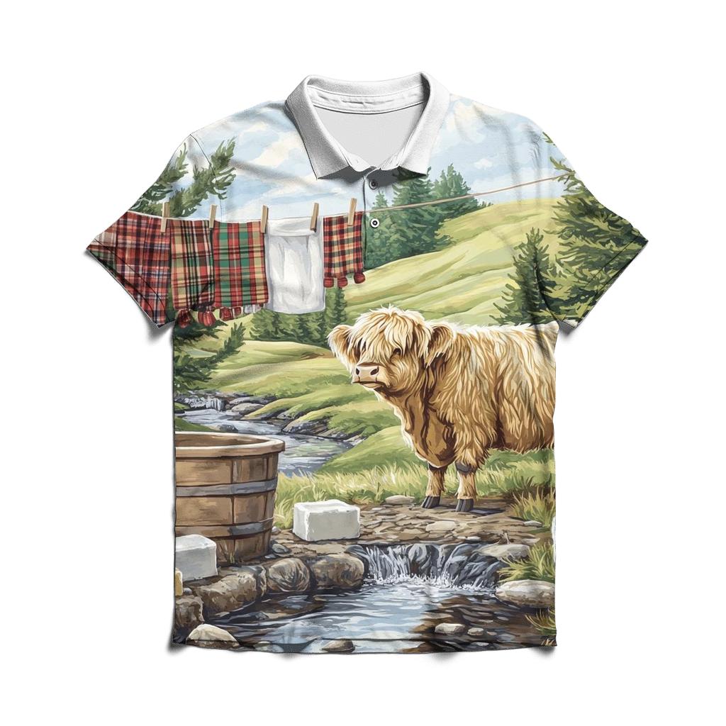 Highland Cow Watercolor Wash Day Line branded logo polo shirts