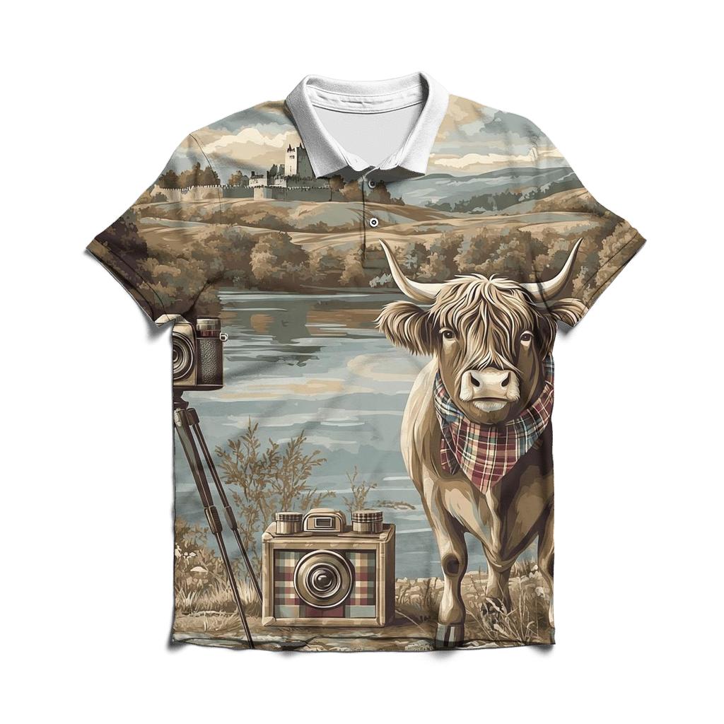 Vintage Camera Portrait Highland Cow embroidered polo tops