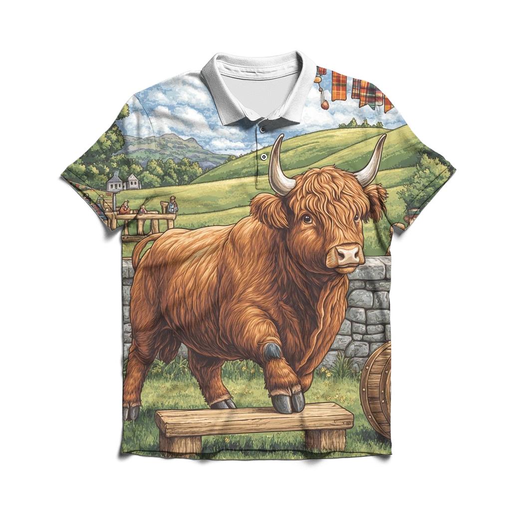 Highland Cow Highland Games Weight Toss designer slim fit polos