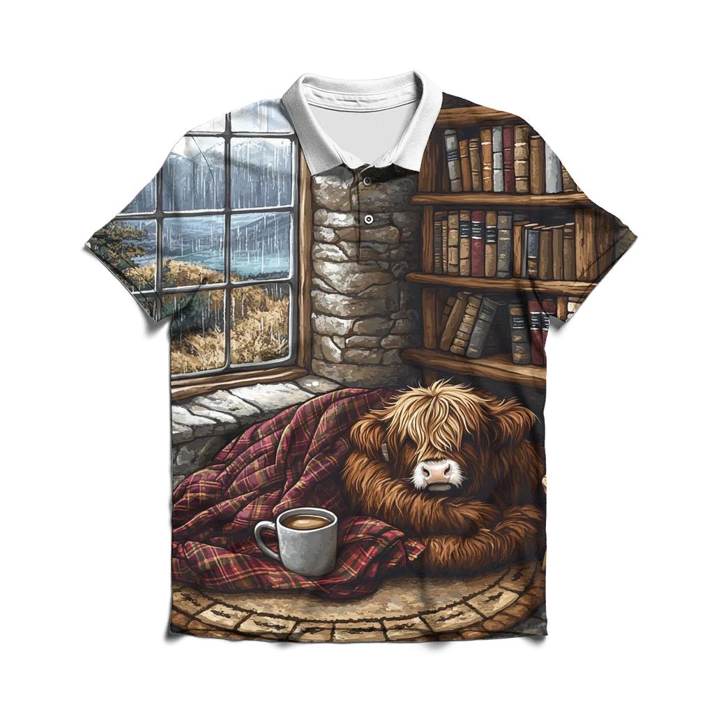 Cozy Book Nook Highland Cow casual sports polo shirts