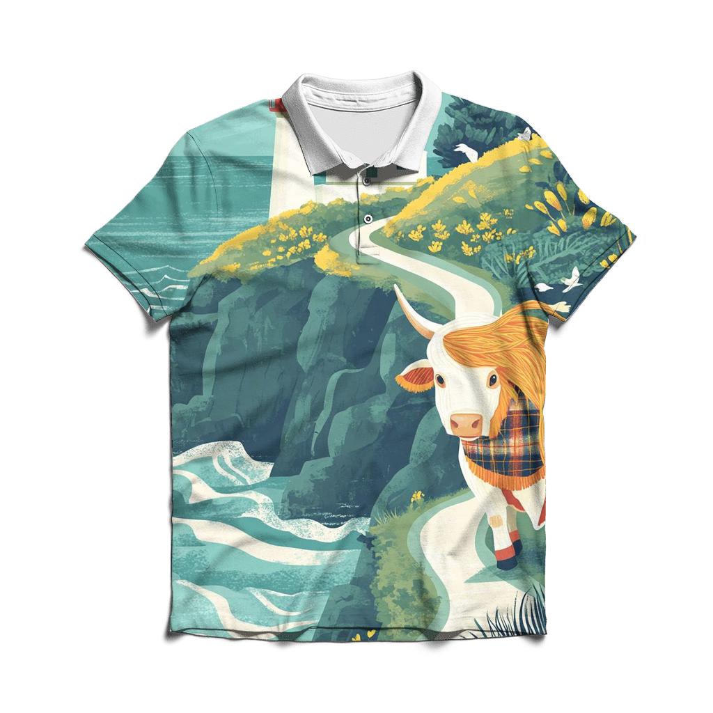 Highland Cow And The Lighthouse Cliff Path custom polo shirts