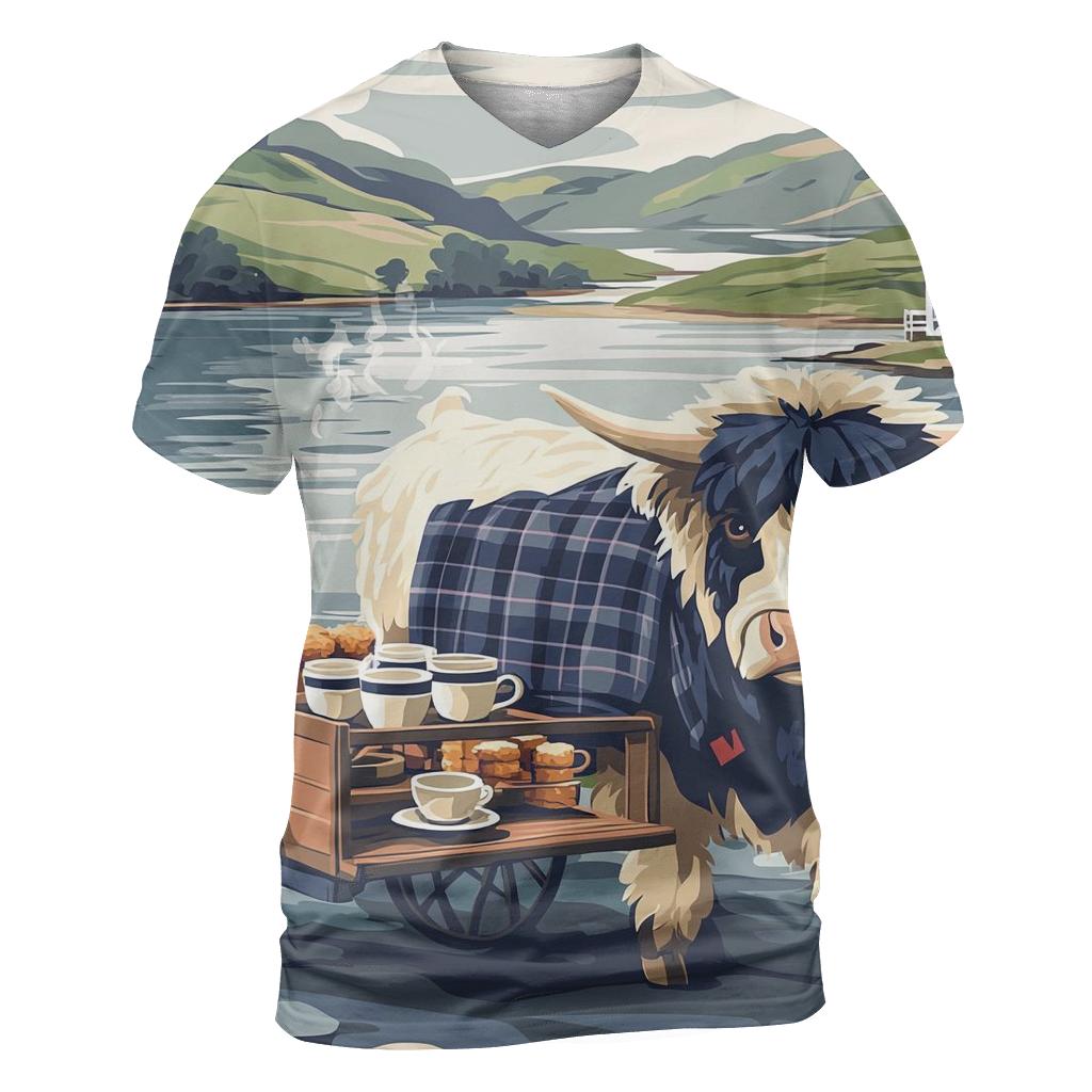 Tea Cart By The Loch With Highland Cow statement graphic shirts