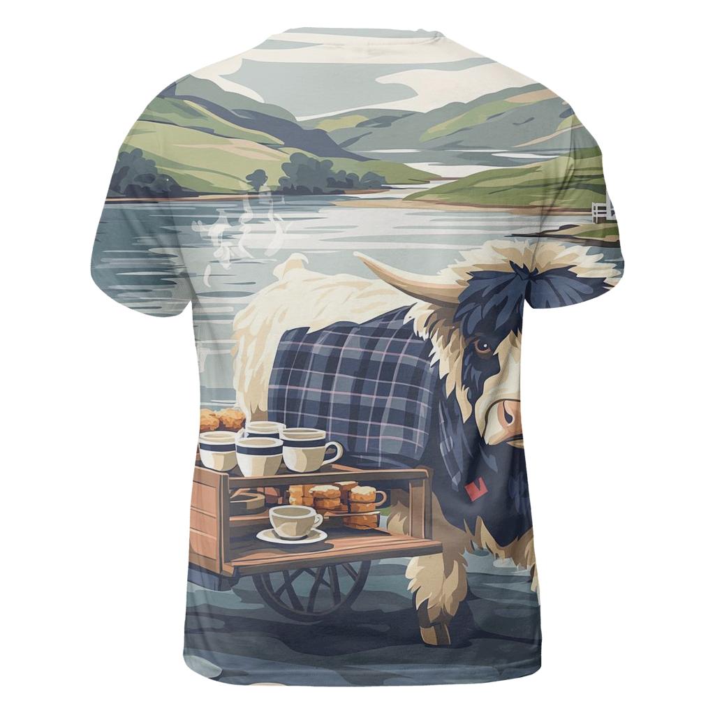 Tea Cart By The Loch With Highland Cow statement graphic shirts