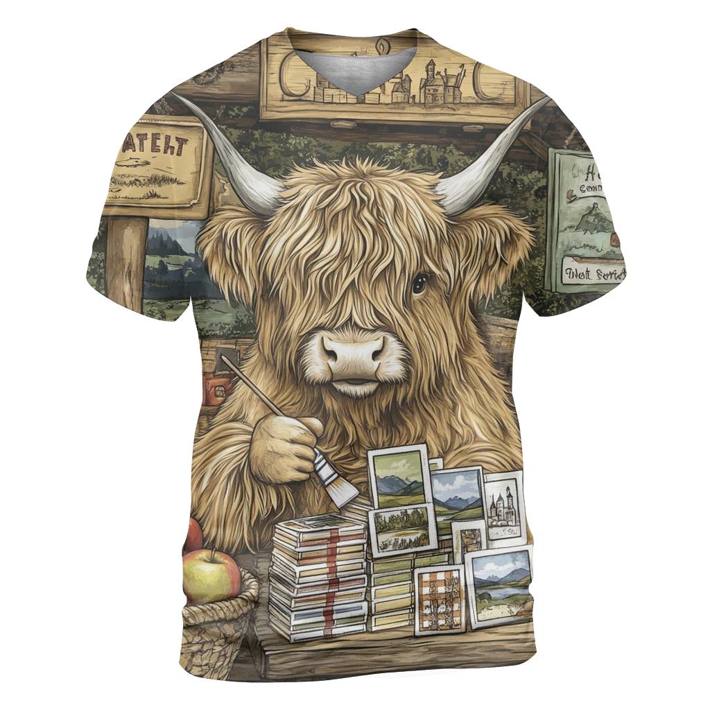 Highland Cow Postcard Painter At The Market creative print fashion shirts