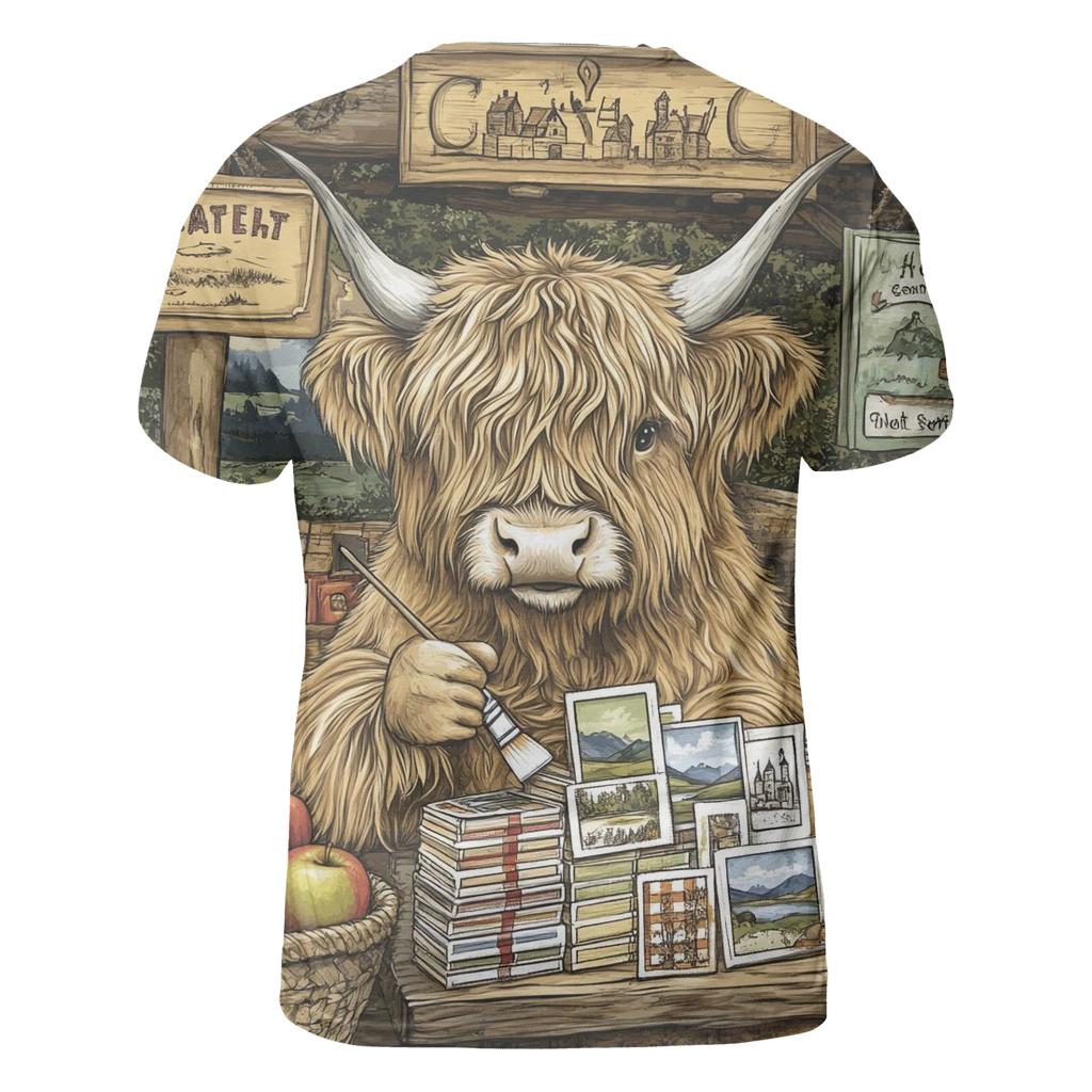 Highland Cow Postcard Painter At The Market creative print fashion shirts