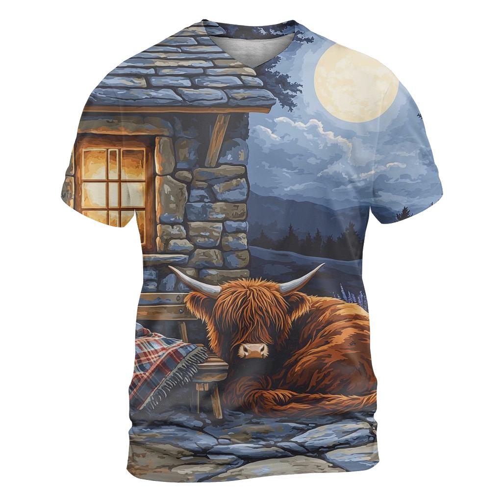 Moonlit Bothy Porch Highland Cow unique graphic print tees